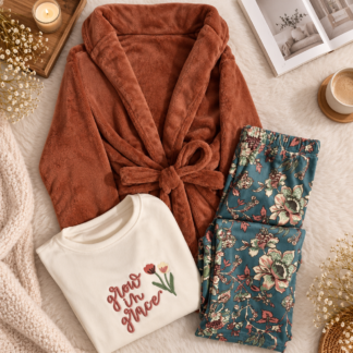 Winter Pajama طقم 3 قطع Plush Robe و بنقشة زهور Pants